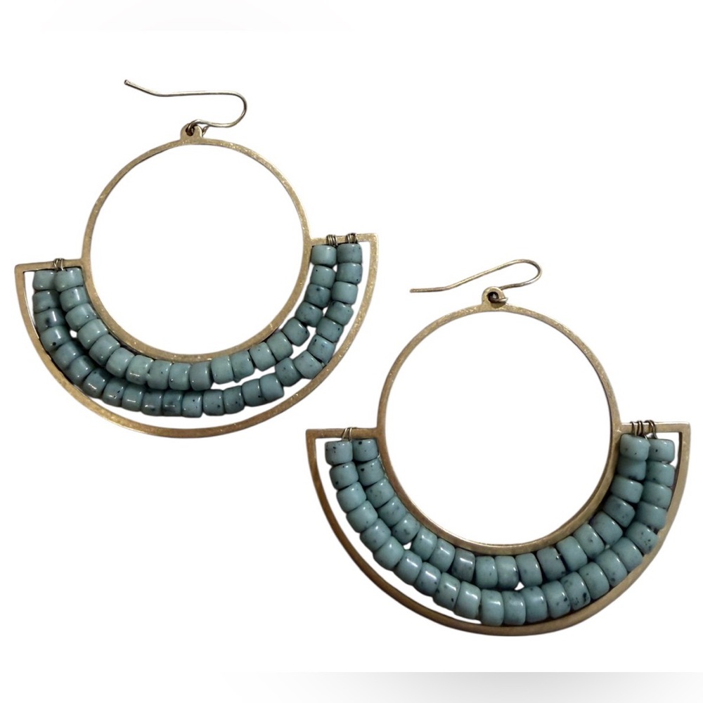 #669 Boho Gold Half-Moon Beaded Hoop Earrings - Statement Dangle‎ Style